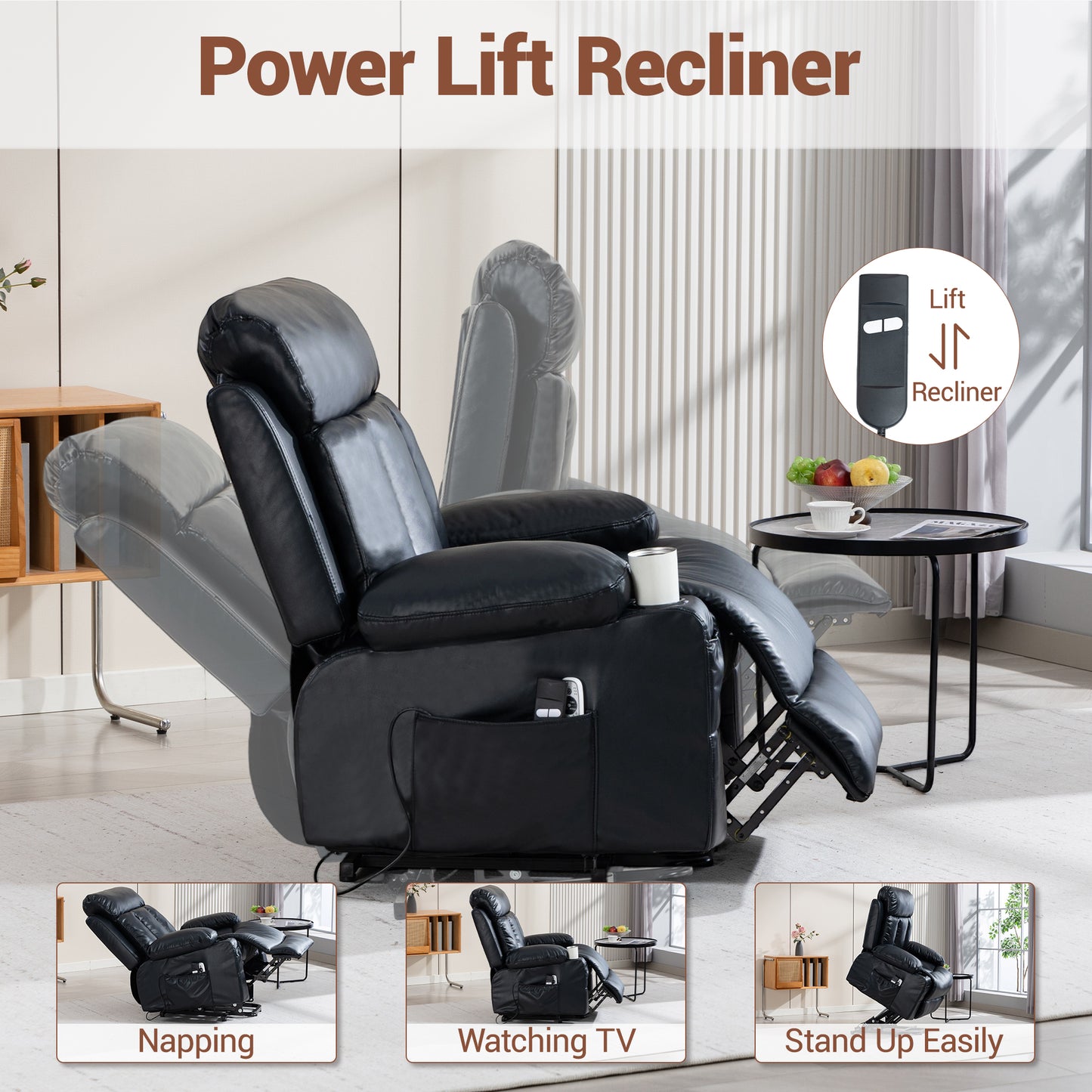 Delmango Faux Leather Recliner Chair with Push Back and Lumbar Support, Overstuffed Living Room Reclining Sofa, Black