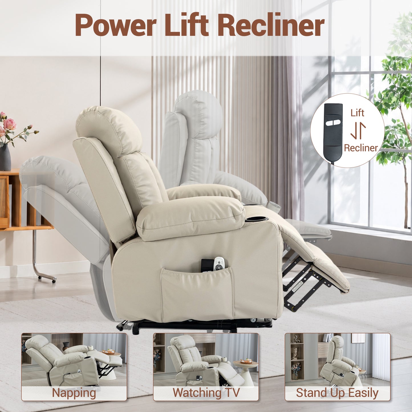 Delmango Faux Leather Recliner Chair with Push Back and Lumbar Support, Overstuffed Living Room Reclining Sofa, Beige
