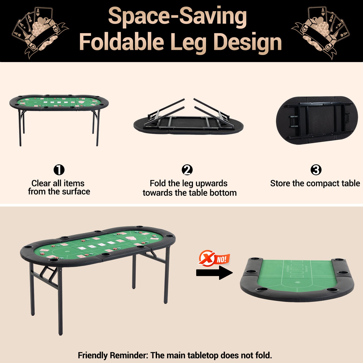 DELMANGO Foldable Poker Table for 8 Players Oval Game Table with Cup Holders & Chip Trays, Portable Casino Table for Texas Holdem, Blackjack, Home Game Nights Green