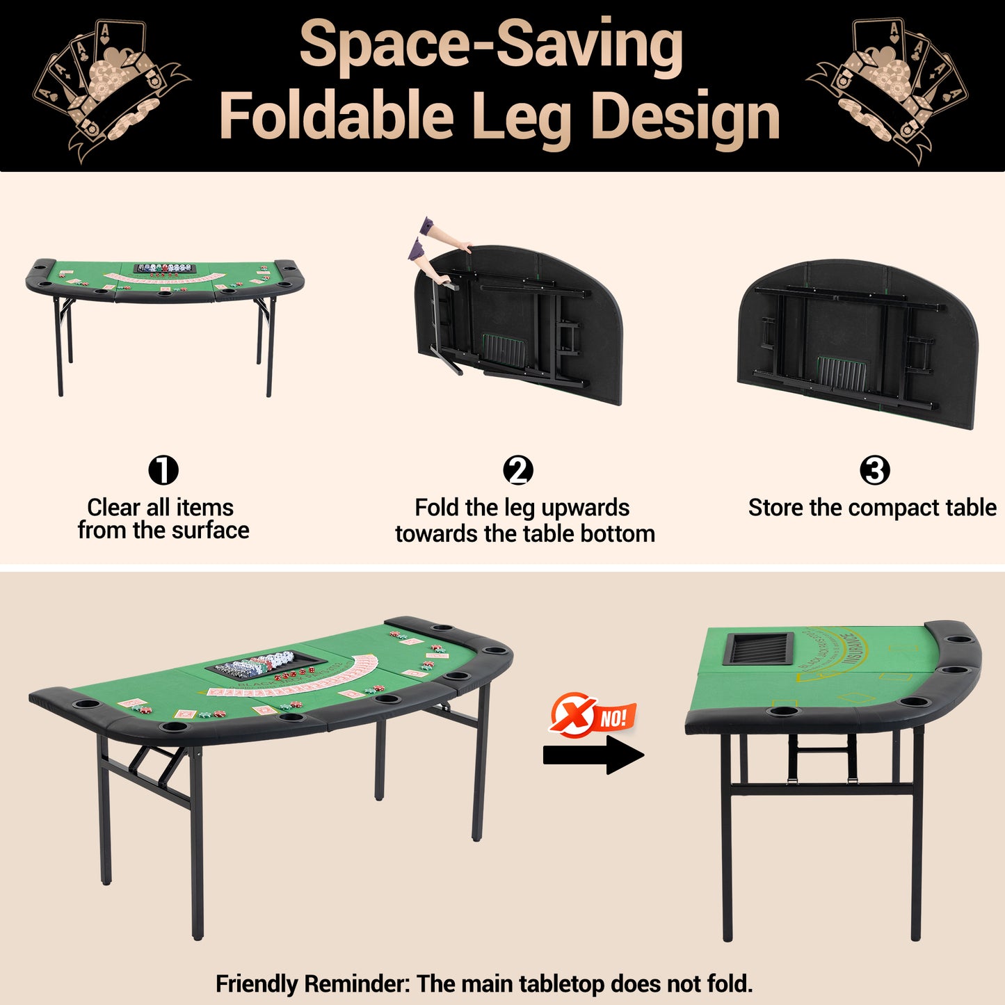 DELMANGO Foldable Poker Table for 7 Players Fan-Shaped Game Table with Cup Holders & Chip Trays, Portable Casino Table for Texas Holdem, Blackjack, Home Game Nights Green
