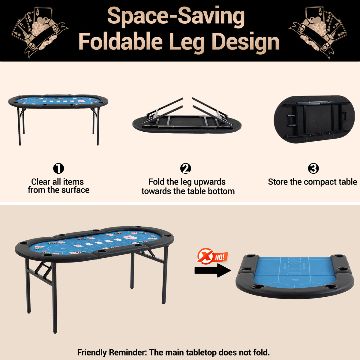 DELMANGO Foldable Poker Table for 8 Players Oval Game Table with Cup Holders & Chip Trays, Portable Casino Table for Texas Holdem, Blackjack, Home Game Nights Blue