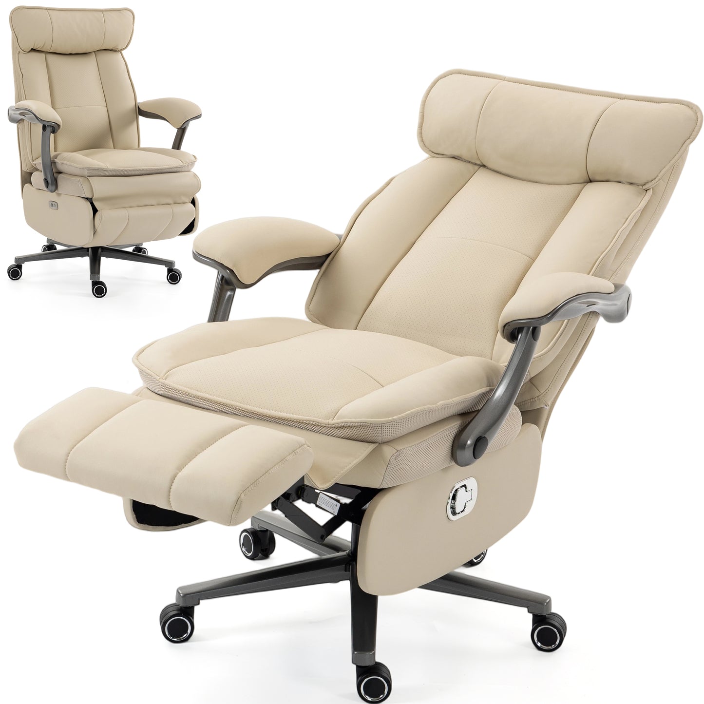 Delmango Executive Office Chair for Big & Tall, USB Charging Port, PU Leather High Back with Footrest, 420lbs Capacity, Electric Recline, Beige
