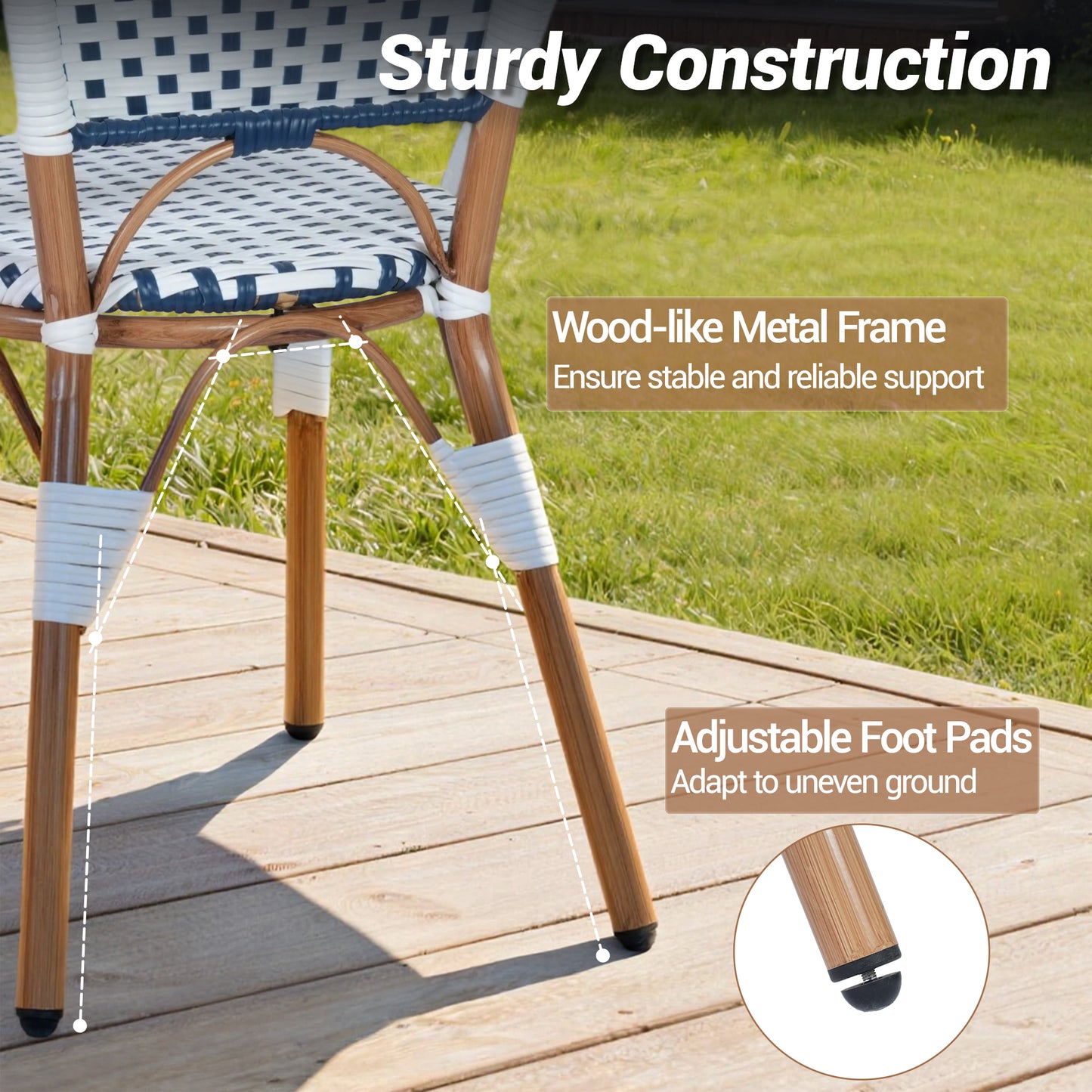 DELMANGO 5 Piece Bistro Table Chair Set, Outdoor Wicker Square Table and 4 Armless Dining Chairs for Garden Balcony Porch, Blue/White