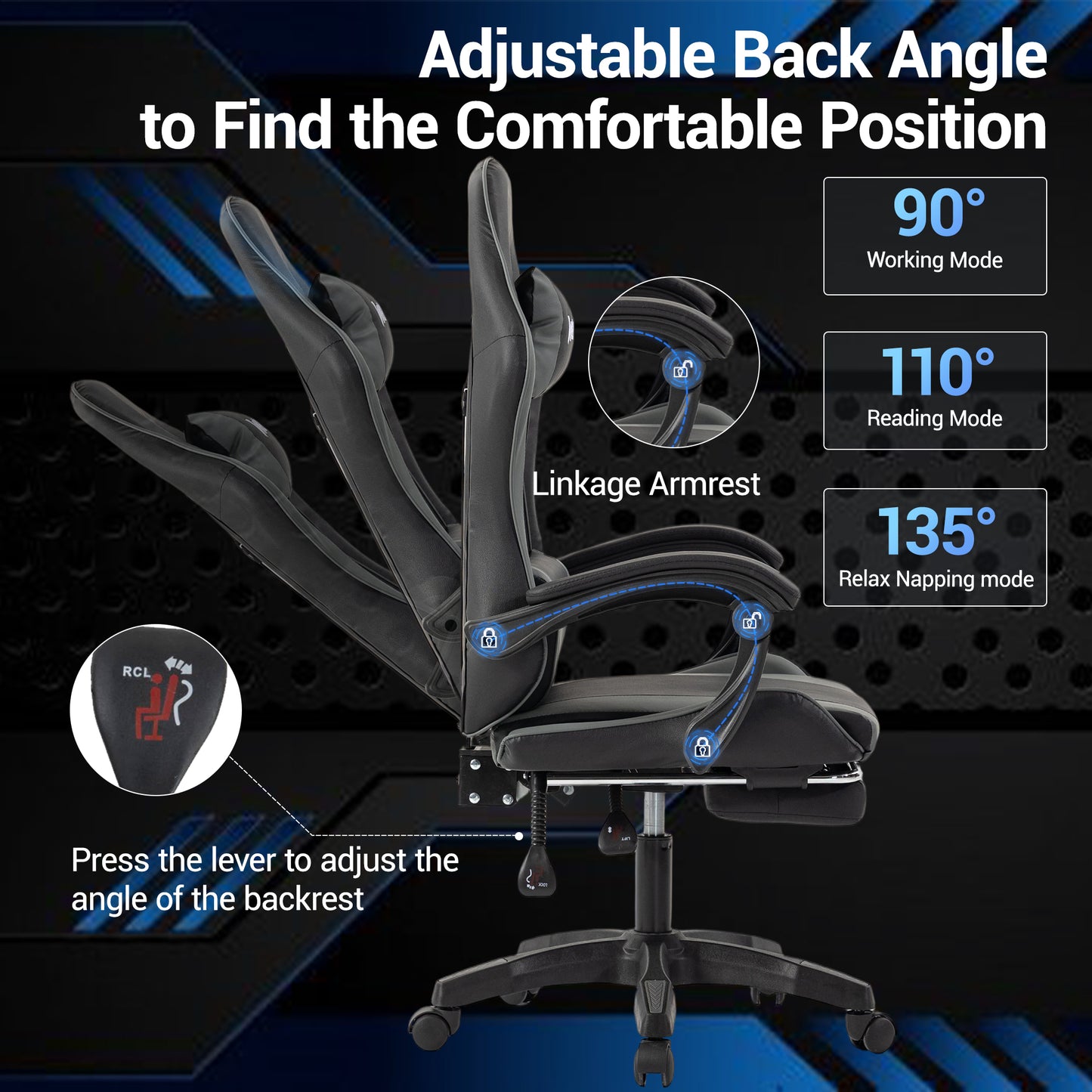 DELMANGO Gaming Chair Ergonomic Office Chair with Adjustable Headrest & Footrest, 90-135¡ã Recline, 360¡ã Swivel,Black/Grey