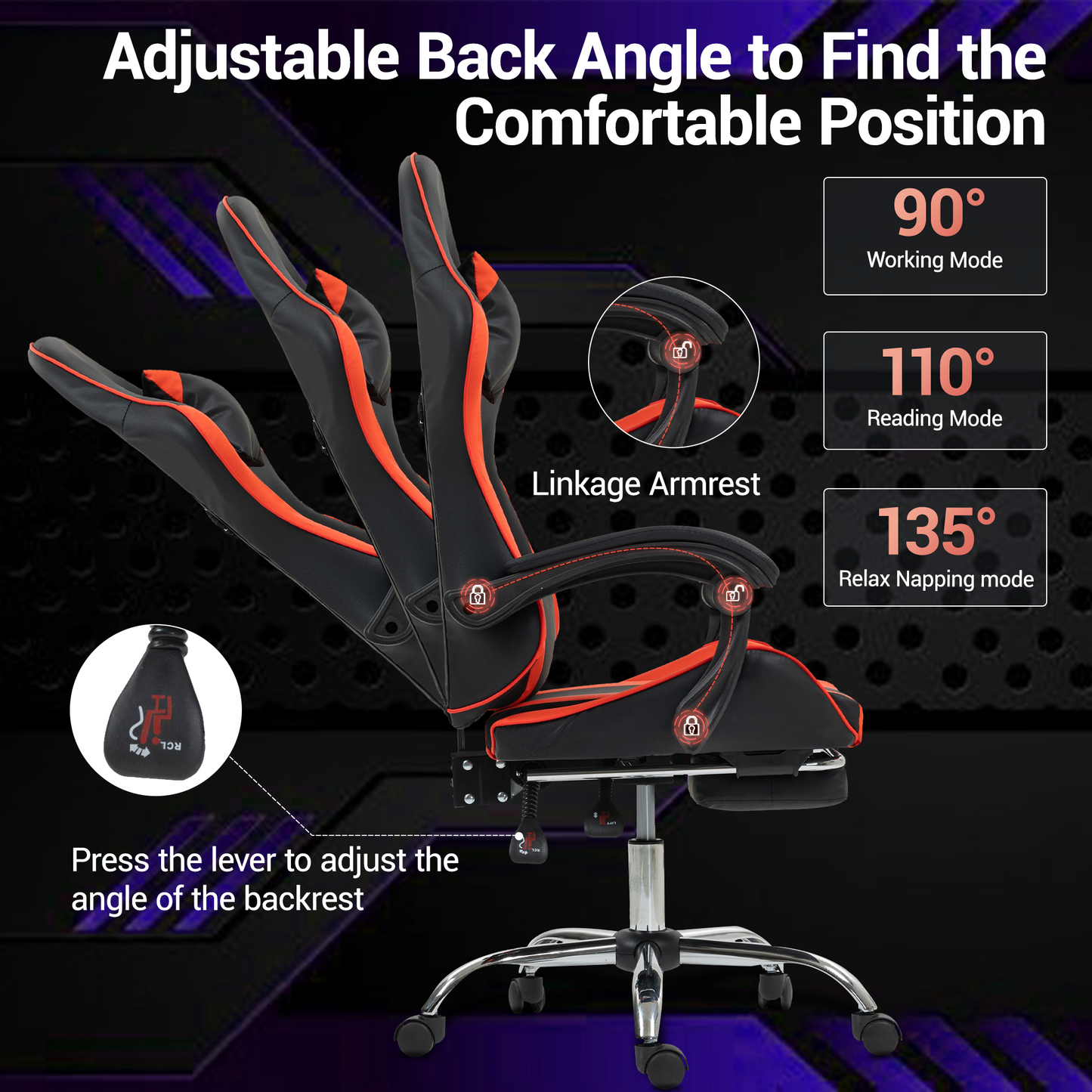 DELMANGO Massage Gaming Chair - Ergonomic Office Chair with Adjustable Headrest & Footrest, 90-135¡ã Recline & 360¡ã Swivel, Red