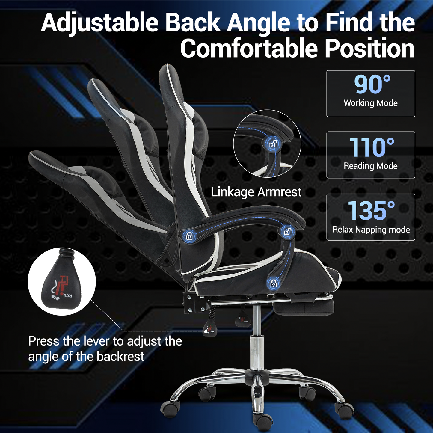 DELMANGO Ergonomic Gaming Chair with Massage Lumbar Support and Adjustable Headrest & Footrest, White