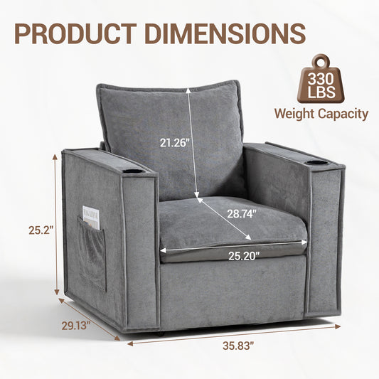 Delmango 32¡° Wide Swivel Accent Chair Set of 2, Comfy Couch with Cup Holders and Side Pockets, Modern Sofa Chair for Living Room, Bedroom, Corner, Gray