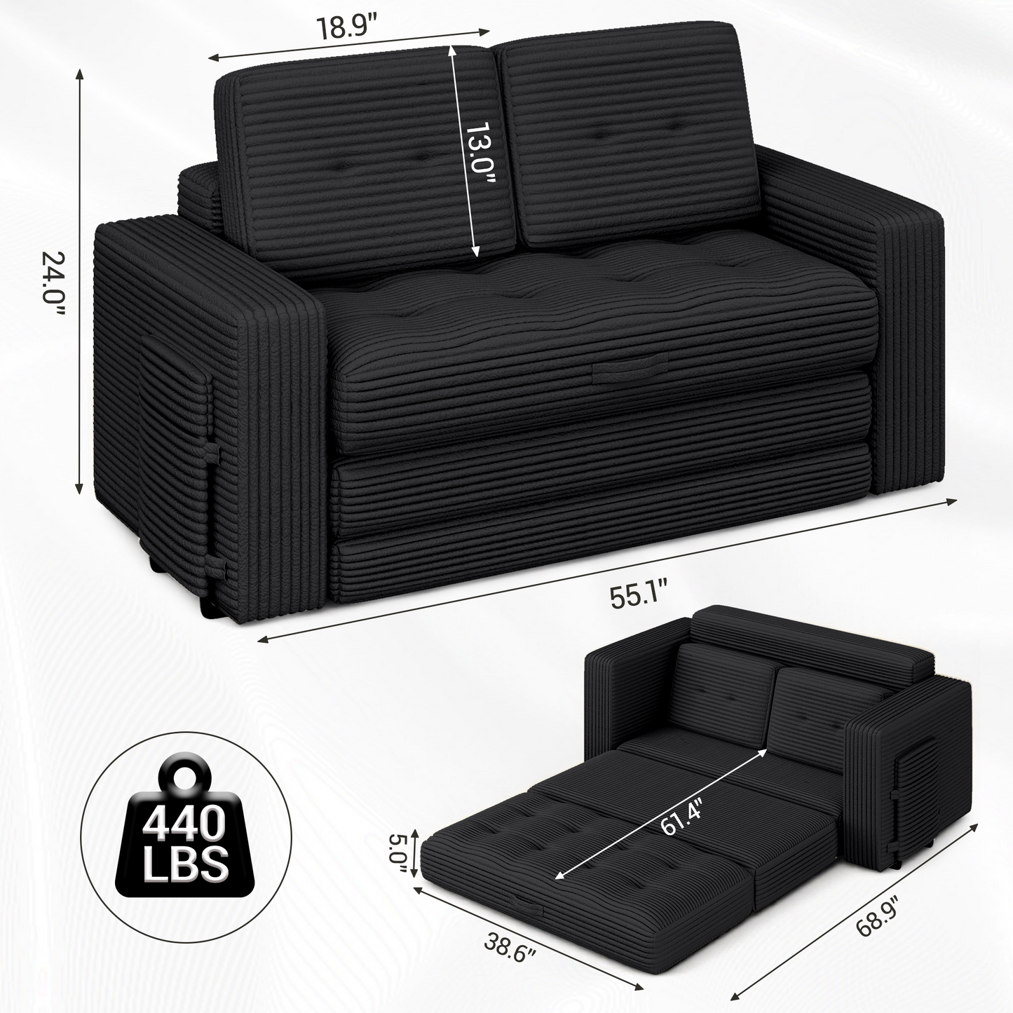 DELMANGO Convertible Loveseat Sleeper Sofa, Boneless Pull-Out Folding Couch Bed with Pillows for Living Room & Bedroom, Black