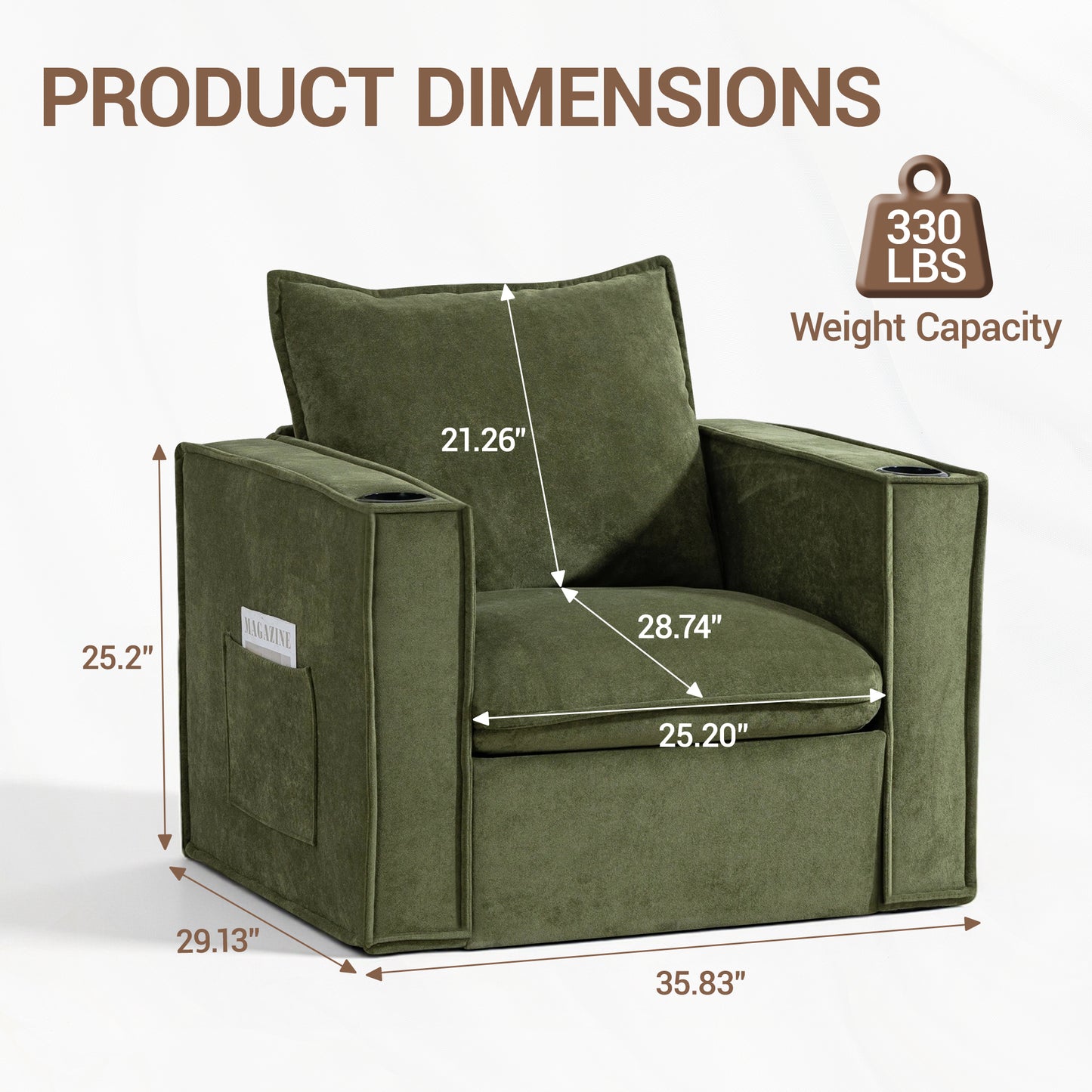 Delmango 32¡° Wide Swivel Accent Chair Set of 2, Comfy Couch with Cup Holders and Side Pockets, Modern Sofa Chair for Living Room, Bedroom, Corner, Green