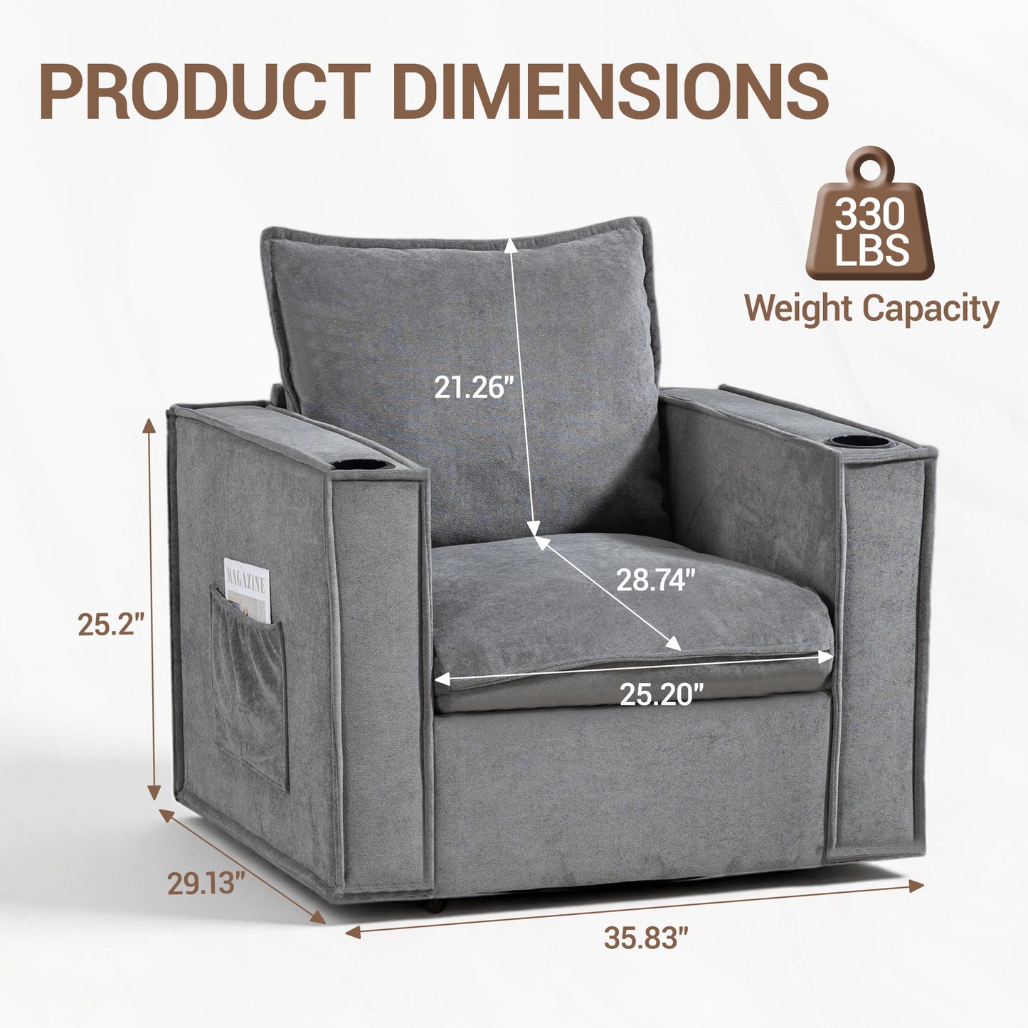 Delmango 32¡° Wide Swivel Accent Chair, Comfy Couch with Cup Holders and Side Pockets, Modern Sofa Chair for Living Room, Bedroom, Corner, Gray