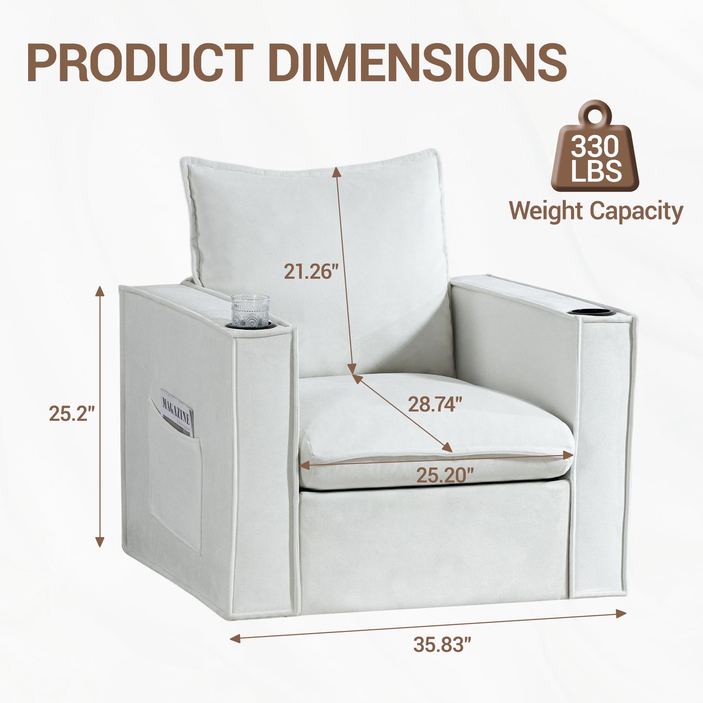 Delmango 32¡° Wide Swivel Accent Chair Set of 2, Comfy Couch with Cup Holders and Side Pockets, Modern Sofa Chair for Living Room, Bedroom, Corner, Beige