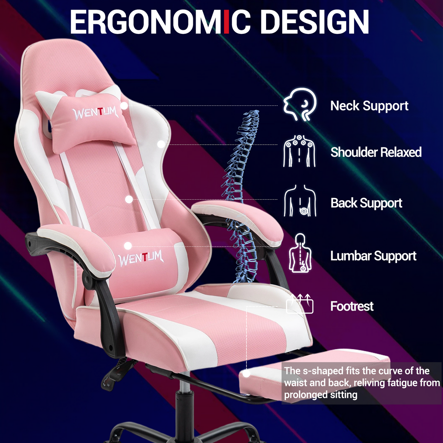DELMANGO Ergonomic Reclining Gaming Chair with Linkage Armrests & Footrest, Racing Style Office Chair, PU Leather Computer Desk Chair, Pink