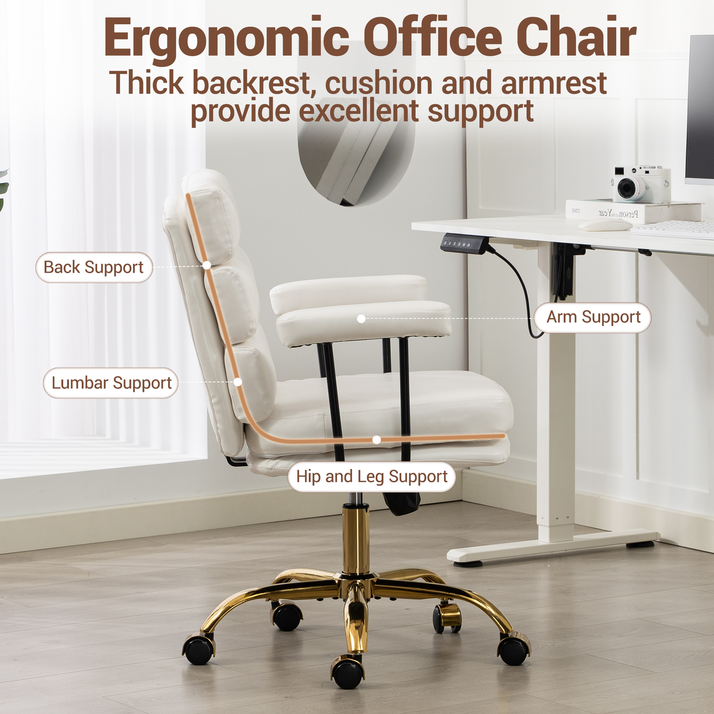 DELMANGO Faux Leather Home Office Desk Chair with Padded Seat & Armrests, Gold Base Vanity Swivel Chair with Adjustable Height and Wheels, White