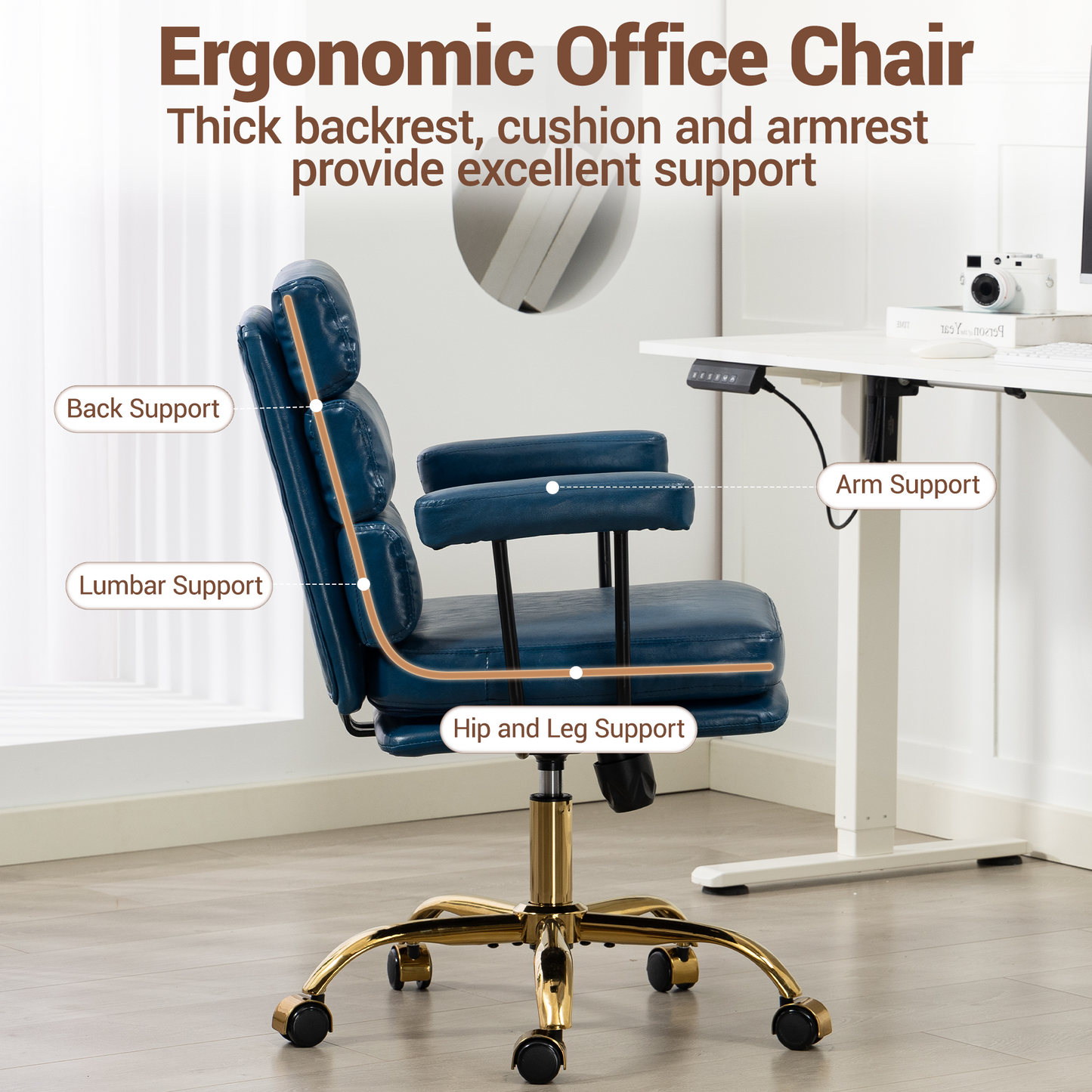 DELMANGO Faux Leather Home Office Desk Chair with Padded Seat & Armrests, Gold Base Vanity Swivel Chair with Adjustable Height and Wheels, Blue