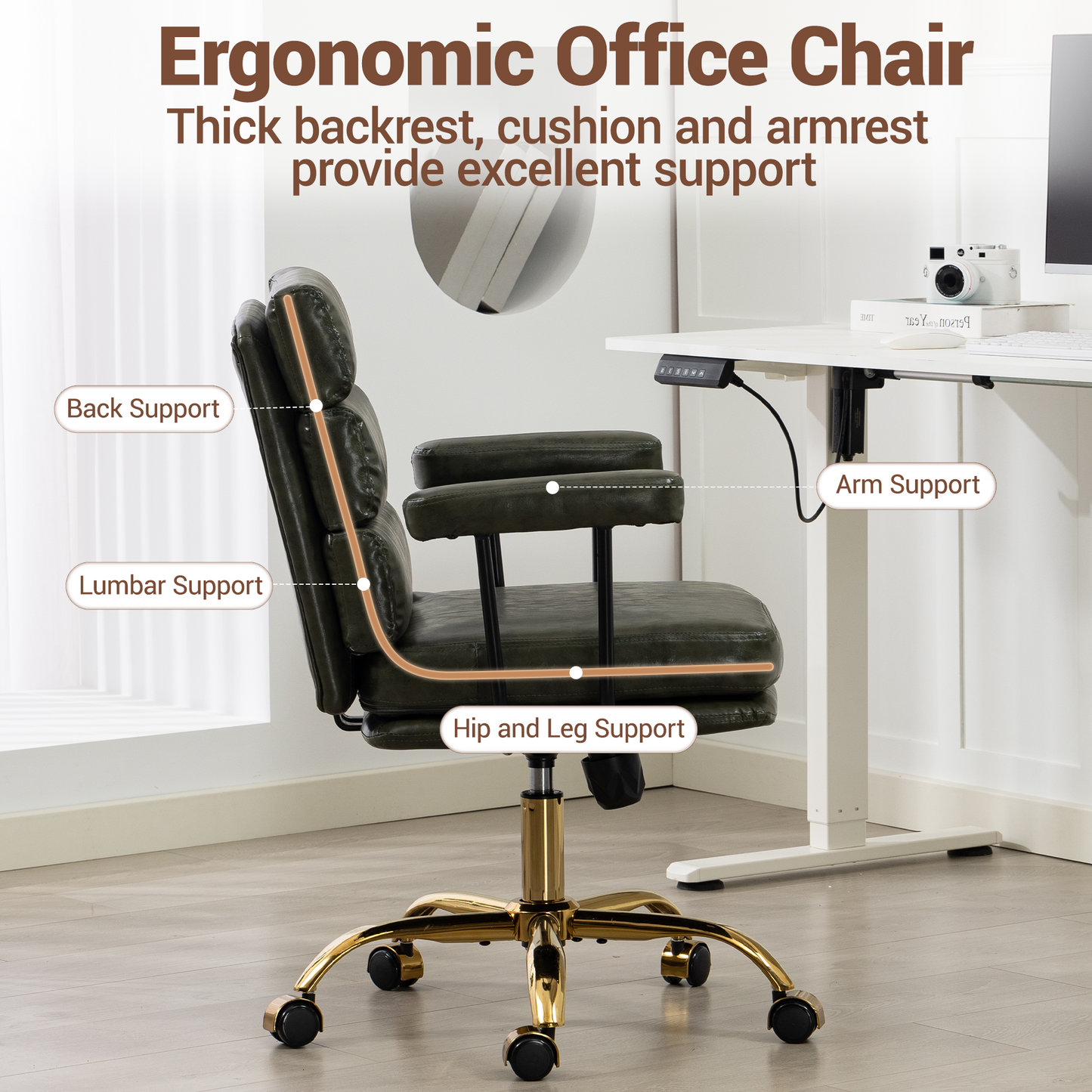 DELMANGO Faux Leather Home Office Desk Chair with Padded Seat & Armrests, Gold Base Vanity Swivel Chair with Adjustable Height and Wheels, Green