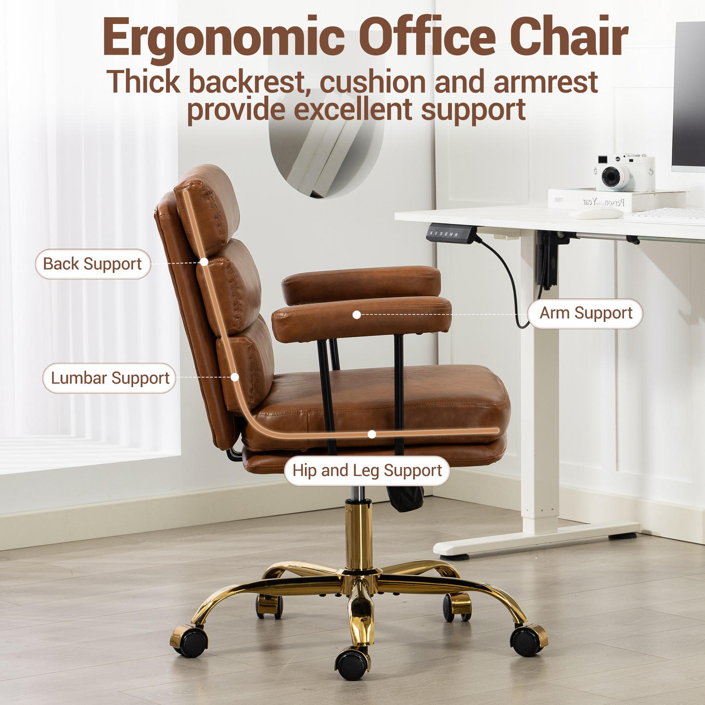 DELMANGO Faux Leather Home Office Desk Chair with Padded Seat & Armrests, Gold Base Vanity Swivel Chair with Adjustable Height and Wheels, Brown