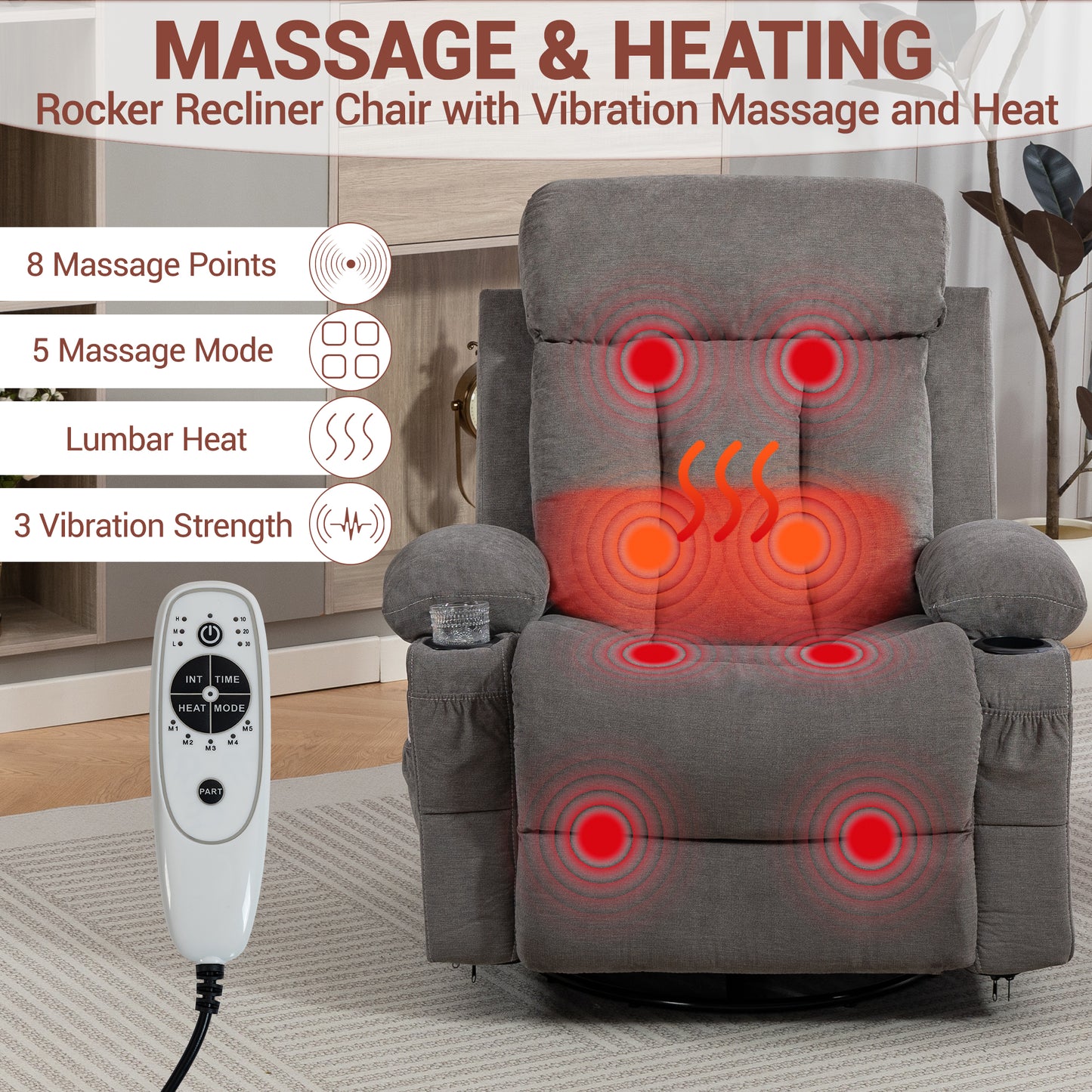 DELMANGO Swivel Rocker Recliner Chair with Vibration Massage & Heat, 360 Degree Rotating Lounge Chair for Adults, Ergonomic Rocking Chair with Side Pocket & Cup Holders, Grey