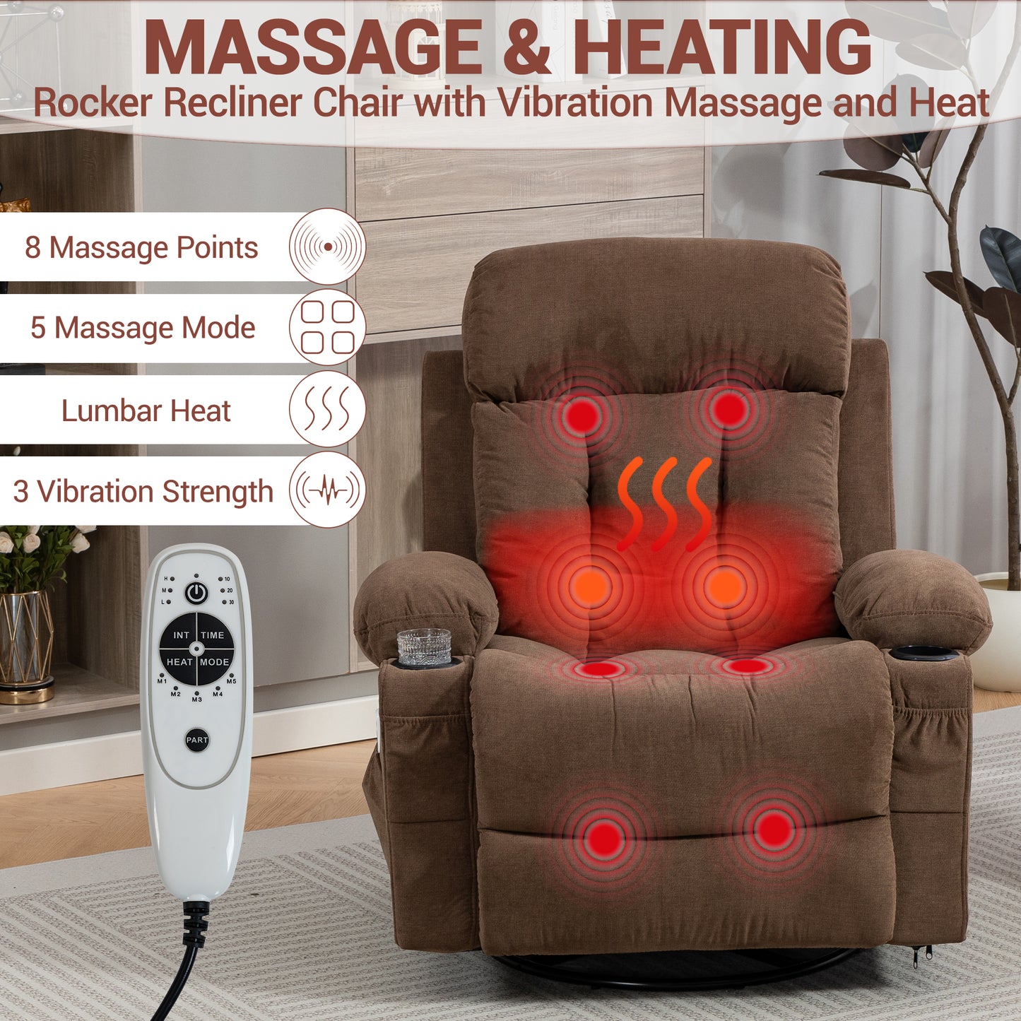DELMANGO Swivel Rocker Recliner Chair with Vibration Massage & Heat, 360 Degree Rotating Lounge Chair for Adults, Ergonomic Rocking Chair with Side Pocket & Cup Holders, Brown