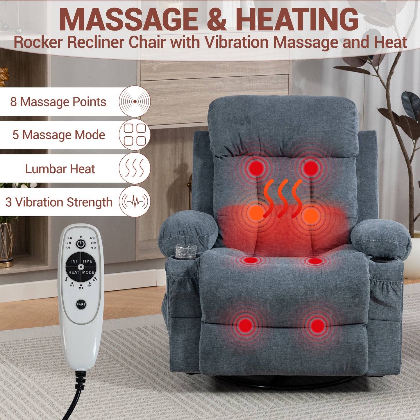 DELMANGO Swivel Rocker Recliner Chair with Vibration Massage & Heat, 360 Degree Rotating Lounge Chair for Adults, Ergonomic Rocking Chair with Side Pocket & Cup Holders, Blue