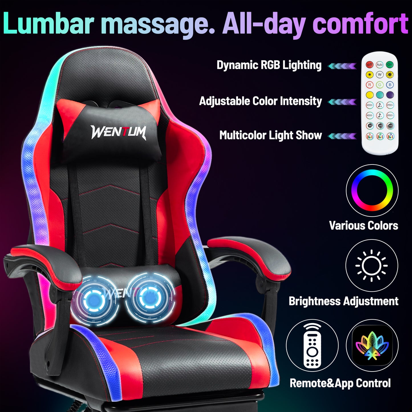Delmango RGB Ergonomic Gaming Chair with Massage, LED Lights, Footrest, Lumbar Support, Red