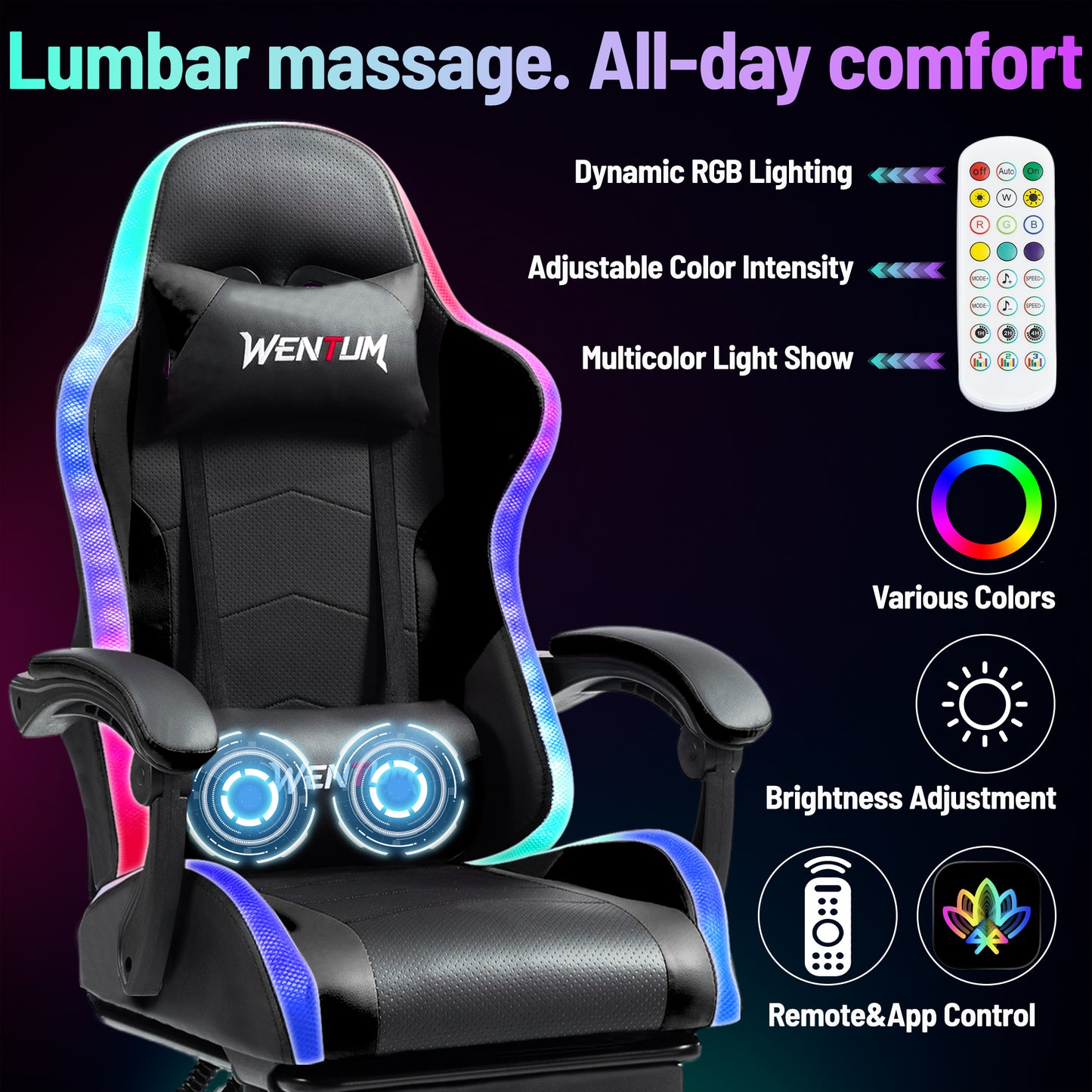 Delmango RGB Ergonomic Gaming Chair with Massage, LED Lights, Footrest, Lumbar Support, Black