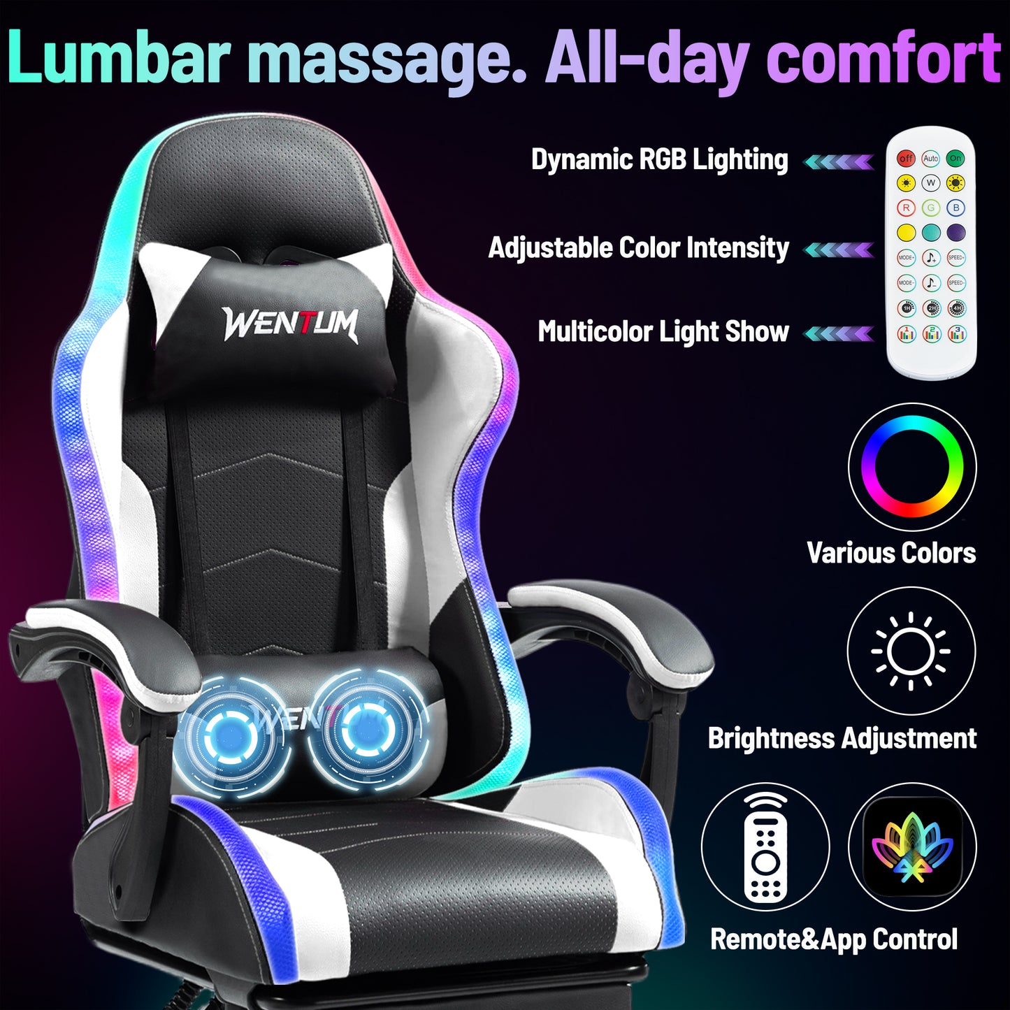 Delmango RGB Ergonomic Gaming Chair with Massage, LED Lights, Footrest, Lumbar Support, White