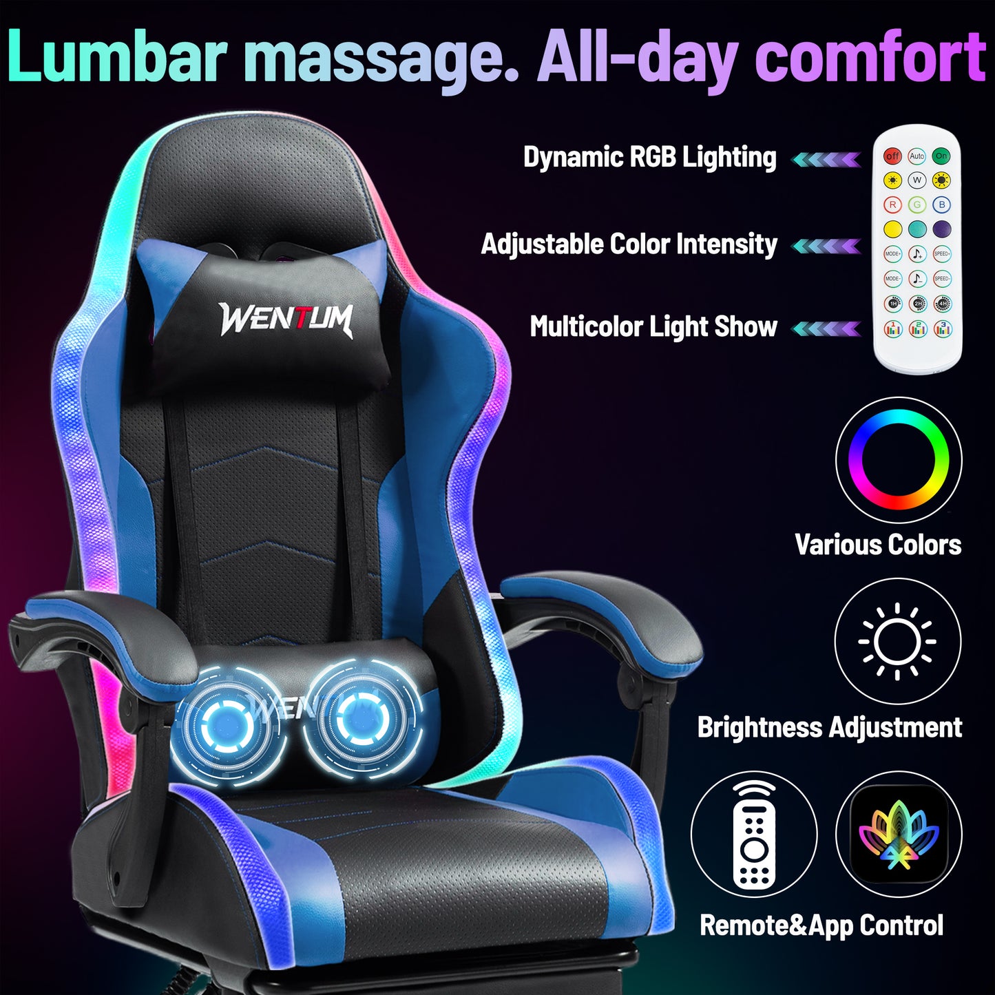 Delmango RGB Ergonomic Gaming Chair with Massage, LED Lights, Footrest, Lumbar Support, Blue