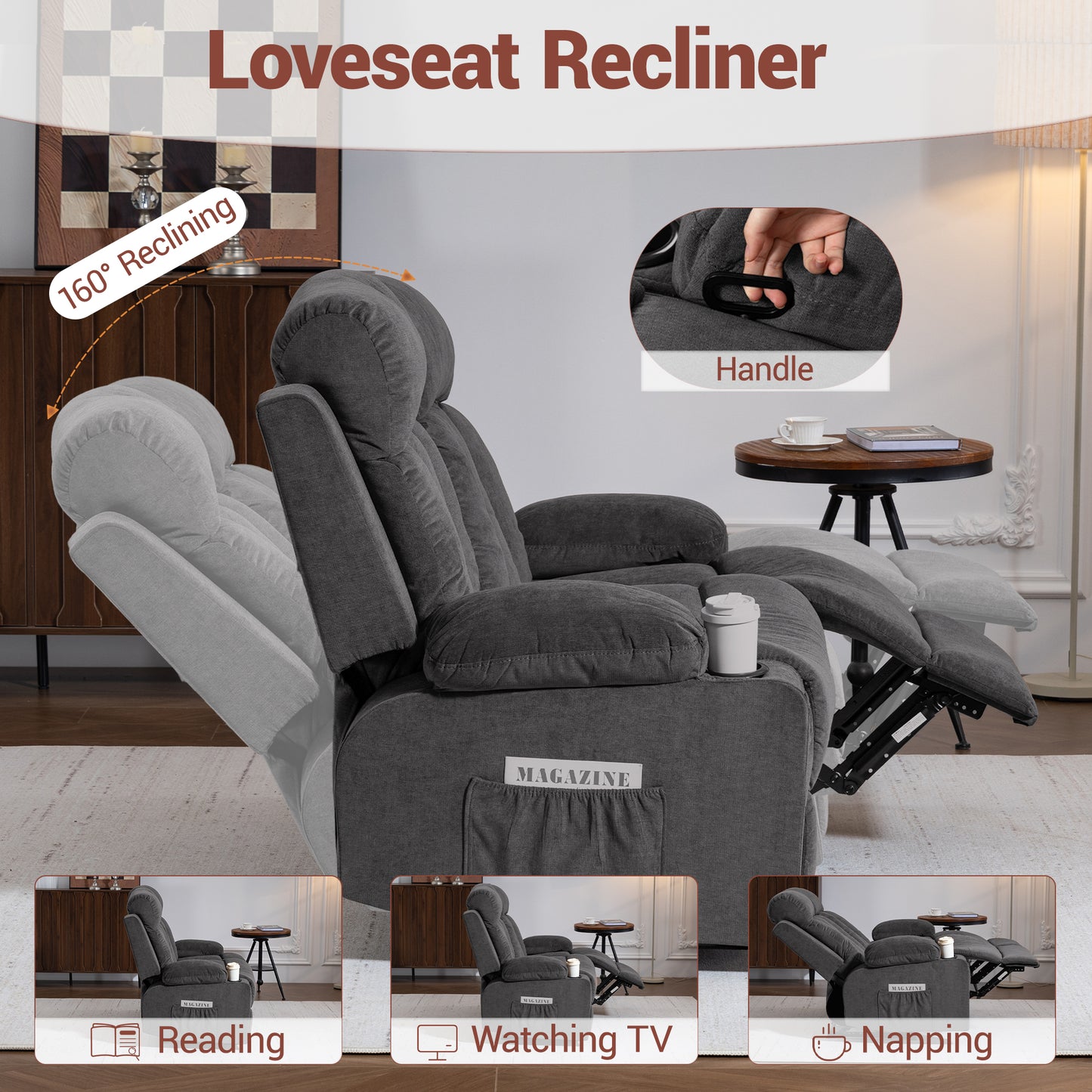 DELMANGO 2-Seater Loveseat Recliner Sofa with Cup Holders, Manual Reclining Dual Seat Couch for Living Room, Home Theater & Small Spaces, Grey