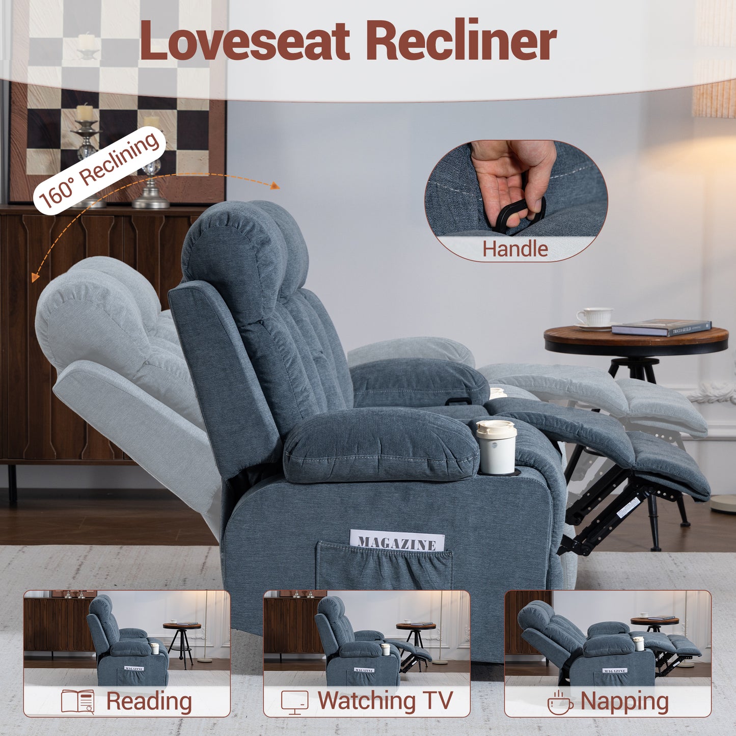 DELMANGO 2-Seater Loveseat Recliner Sofa with Cup Holders, Manual Reclining Dual Seat Couch for Living Room, Home Theater & Small Spaces, Blue