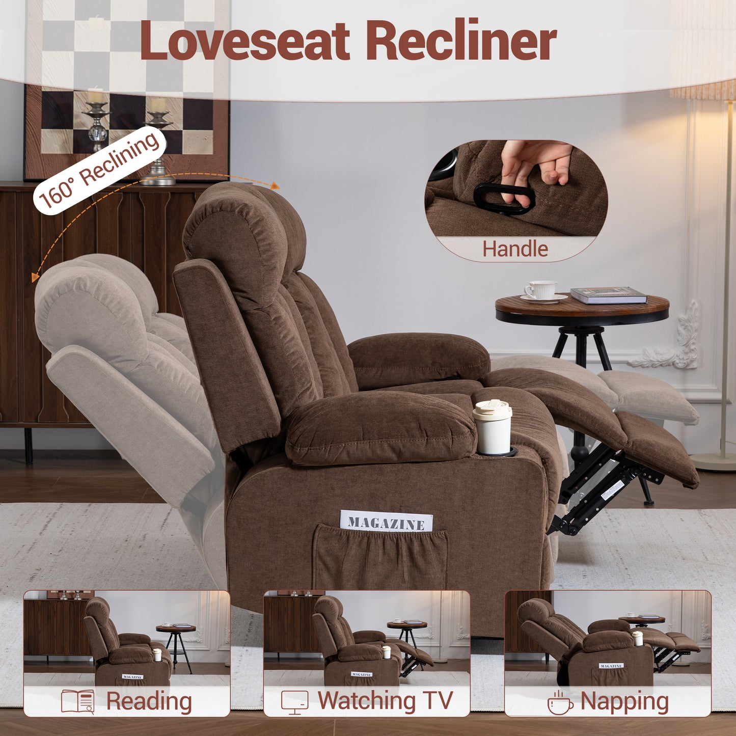 DELMANGO 2-Seater Loveseat Recliner Sofa with Cup Holders, Manual Reclining Dual Seat Couch for Living Room, Home Theater & Small Spaces, Brown