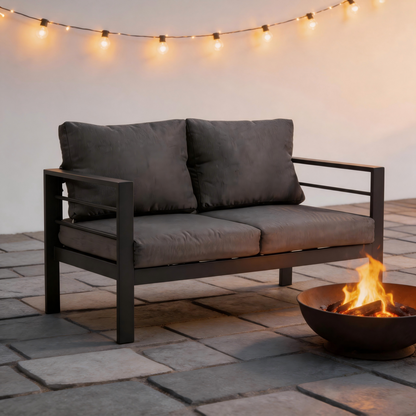 Delmango Outdoor Patio Furniture Sofa, 2-Seater Metal Frame Chair Couch with Removable Washable Cushions, Wide Armrests & All-Weather for Garden, Balcony, Backyard - Grey