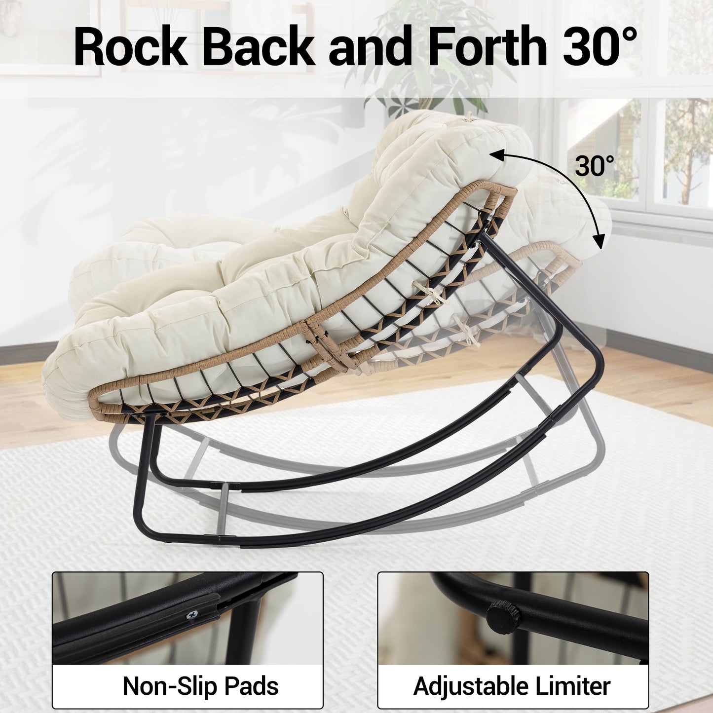 DELMANGO Rocking Egg Chair Outdoor Patio lounger with Thick Cushion Oversized Wicker Rocker Indoor Papasan lawn Chair for Living room Bedroom Porch Balcony Beige