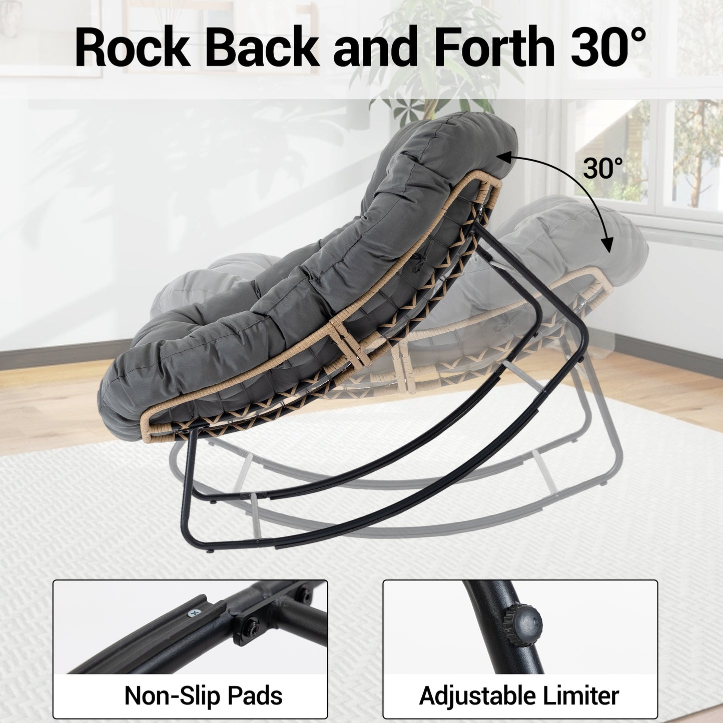 DELMANGO Rocking Egg Chair Outdoor Patio lounger with Thick Cushion Oversized Wicker Rocker Indoor Papasan lawn Chair for Living room Bedroom Porch Balcony Gray