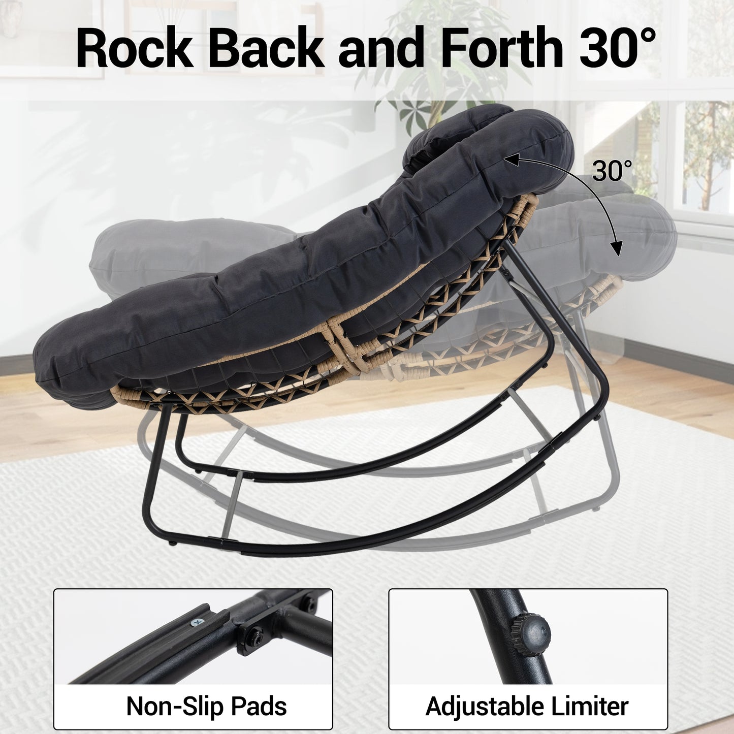 DELMANGO Rocking Egg Chair Outdoor Patio lounger with Thick Cushion Oversized Wicker Rocker Indoor Papasan lawn Chair for Living room Bedroom Porch Balcony Black
