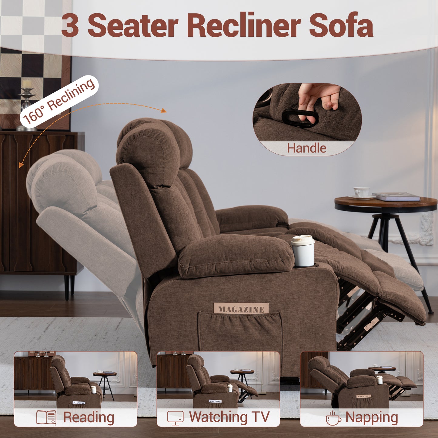 DELMANGO 3-Seater Recliner Sofa Set, Manual Triple Reclining Sofa Couch, 3 Seat Recliner Chair for Living Room, Home Theater & Small Spaces, Brown