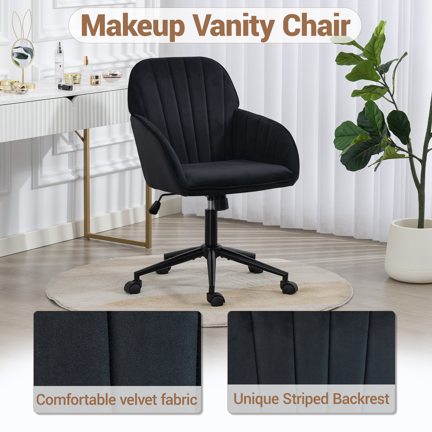 DELMANGO Velvet Adjustable Desk Chair with Gold Base & Wheels, Modern Swivel Vanity Office Chair for Home, Living Room, Bedroom & Study, Black