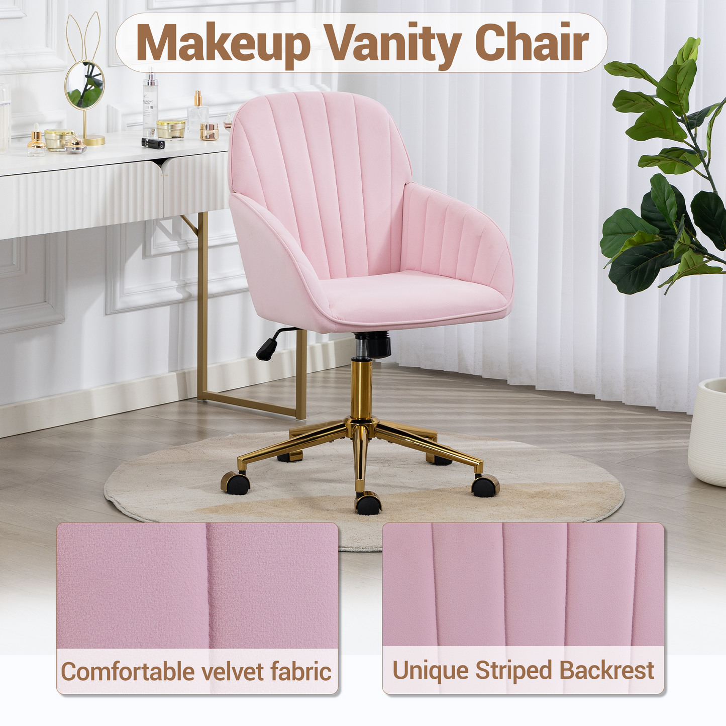DELMANGO Velvet Adjustable Desk Chair with Gold Base & Wheels, Modern Swivel Vanity Office Chair for Home, Living Room, Bedroom & Study, Pink