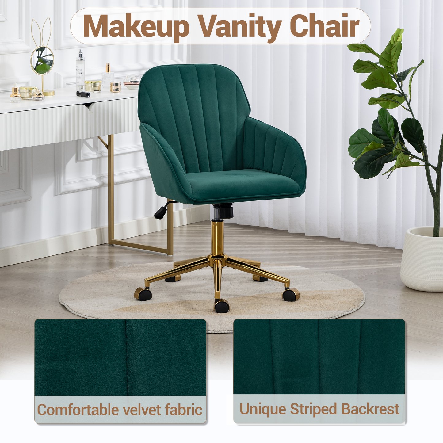 DELMANGO Velvet Adjustable Desk Chair with Gold Base & Wheels, Modern Swivel Vanity Office Chair for Home, Living Room, Bedroom & Study, Green