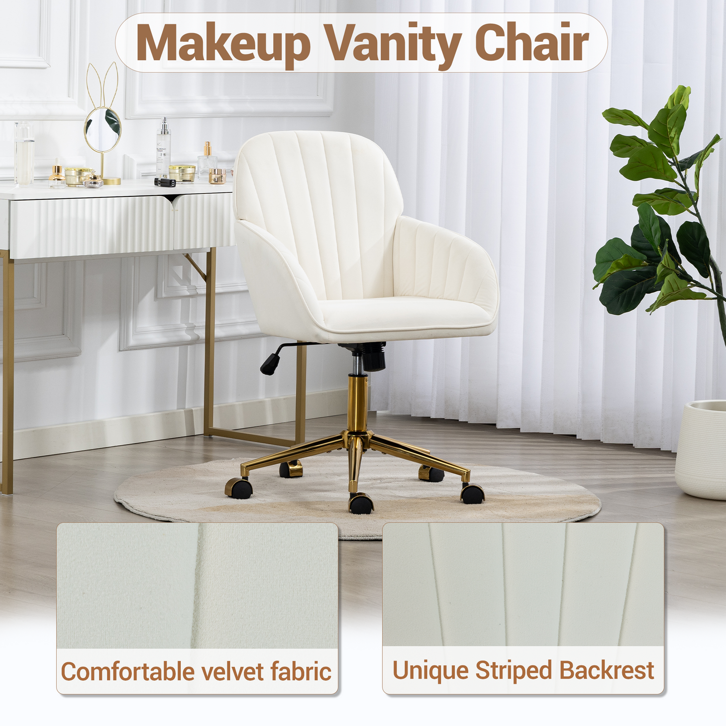 DELMANGO Velvet Adjustable Desk Chair with Gold Base & Wheels, Modern Swivel Vanity Office Chair for Home, Living Room, Bedroom & Study, Beige