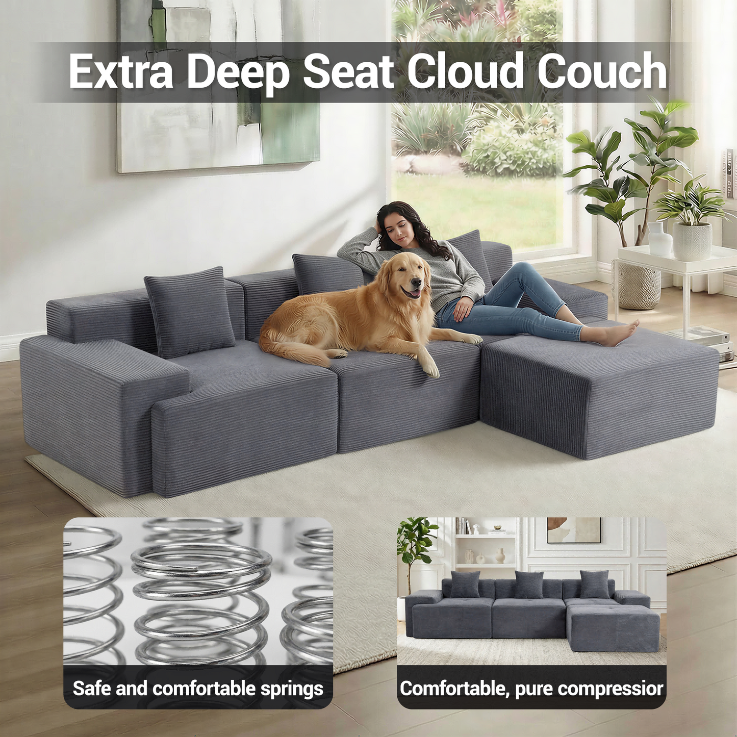 DELMANGO 119'' Cloud Sectional Sofa, Boneless Sofa with Chaise, Flexible Module Combination for Living Room, No Assembly, Grey