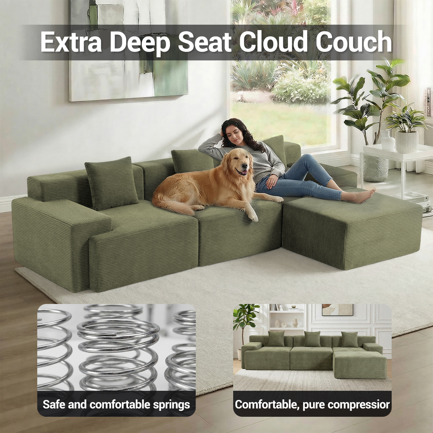 DELMANGO 119'' Cloud Sectional Sofa, Boneless Sofa with Chaise, Flexible Module Combination for Living Room, No Assembly, Green