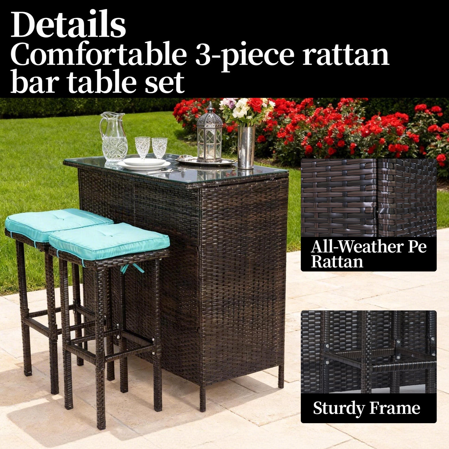 DELMANGO 3 Piece Patio Bar Set with 2 Storage Shelves, Glass Top Table, Two Cushioned Stools,Outside Bars for Patio Entertainment, Blue