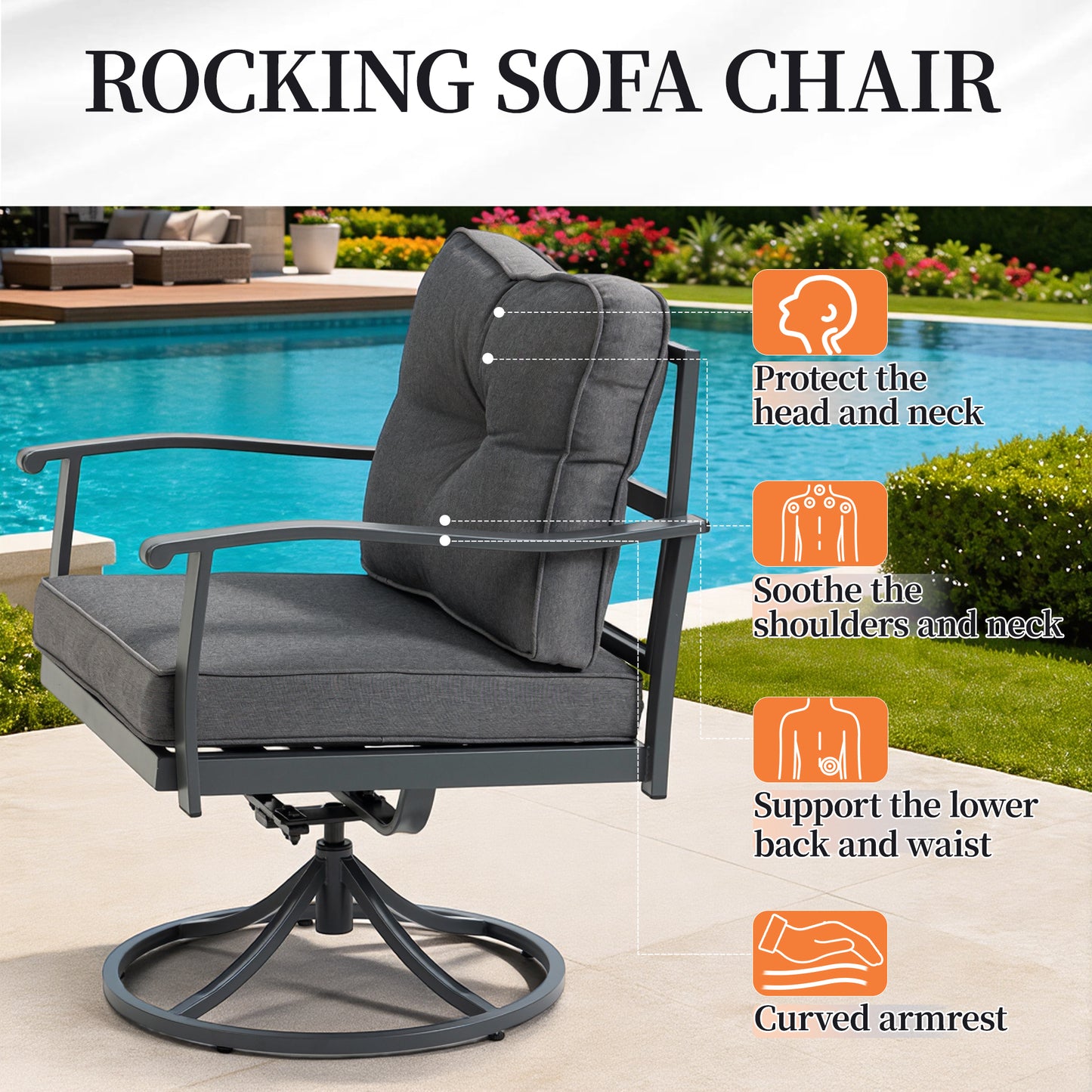 DELMANGO 2 Pcs Swivel Chairs and Coffee Table, All-Weather Metal Modern Outside Furniture with Washable Thick Cushion for Garden/Backyard/Porch, Grey