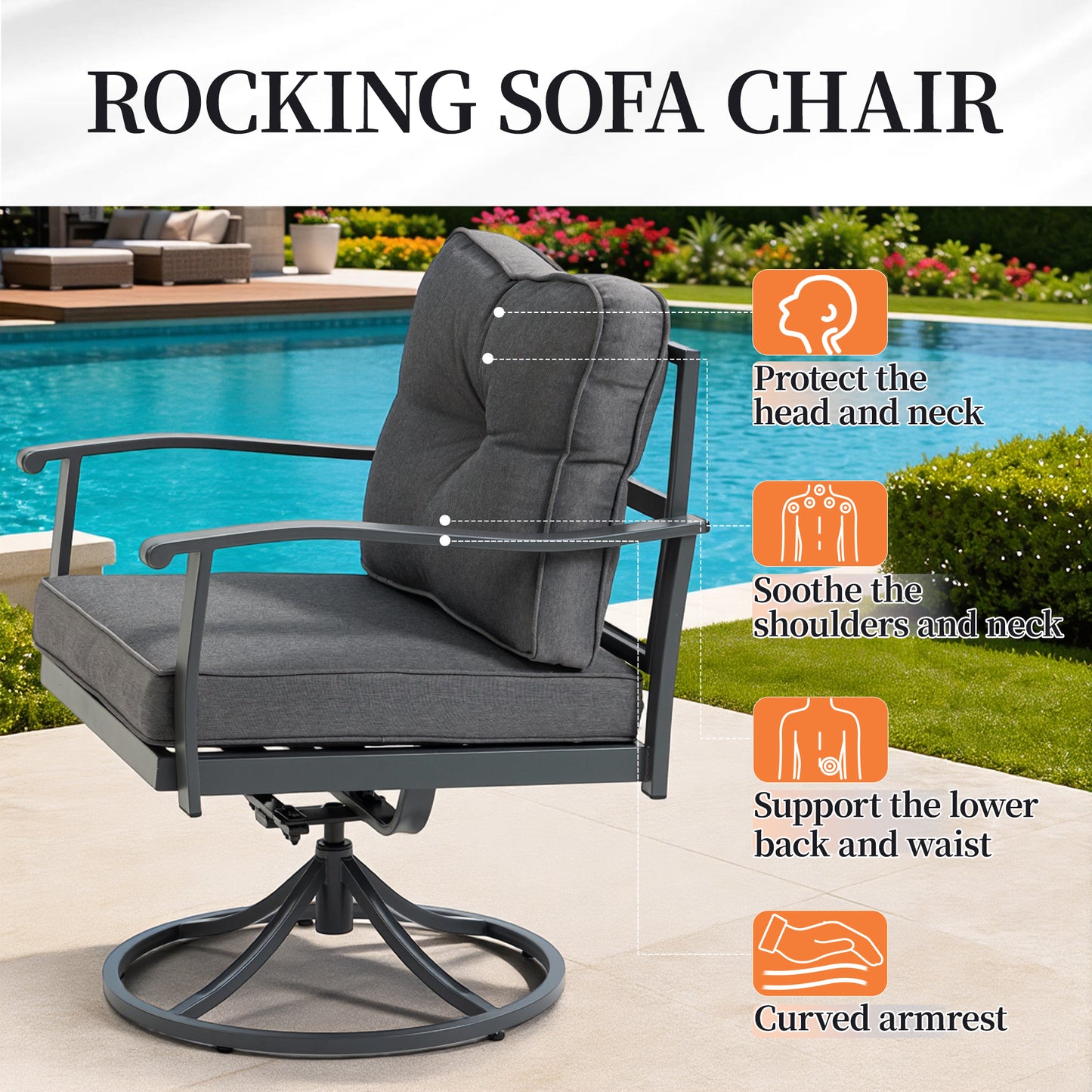DELMANGO 5 Pieces Outdoor Patio Furniture Sets,Outdoor Metal Conversation Set Sofas with 2 Swivel Chairs,2 footstools,1 Side Table,Wrought Iron with Cushion