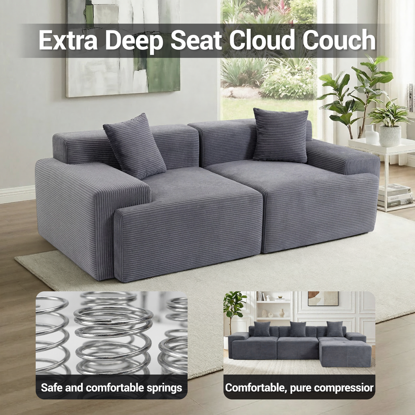 DELMANGO Cloud Sectional Couch 2 Seats, Extra Deep Loveseat for Living Room Gray