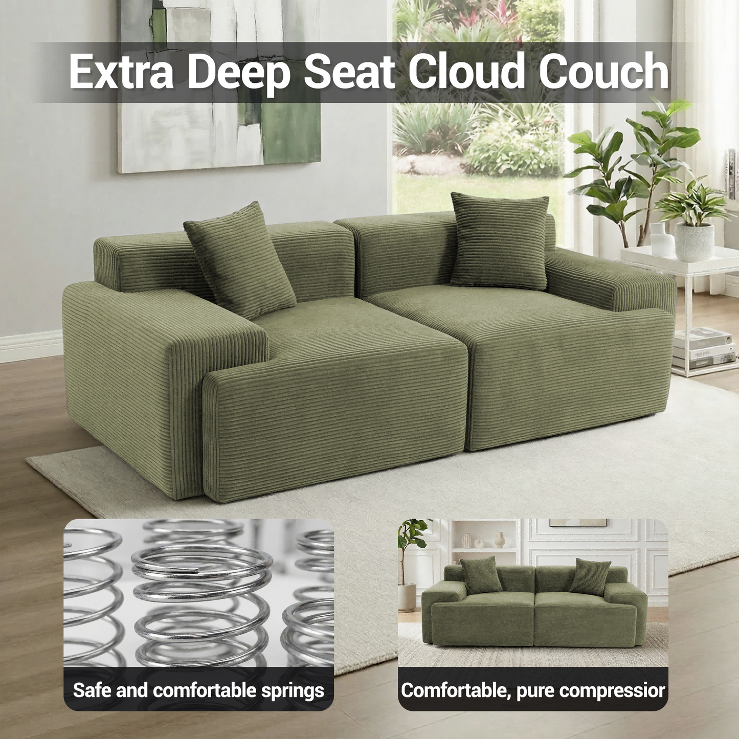 DELMANGO Cloud Sectional Couch 2 Seats, Extra Deep Loveseat for Living Room Green