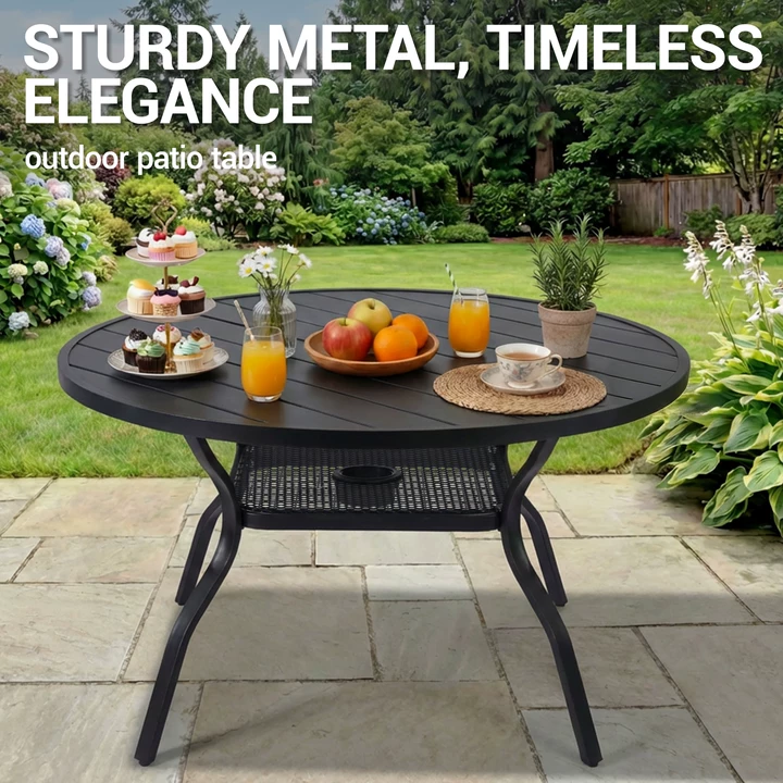 DELMANGO 41" Outdoor Dining Table for 4, Metal Round Patio Dining Table with Adjustable Umbrella Hole for Garden, Backyard and Porch, Black