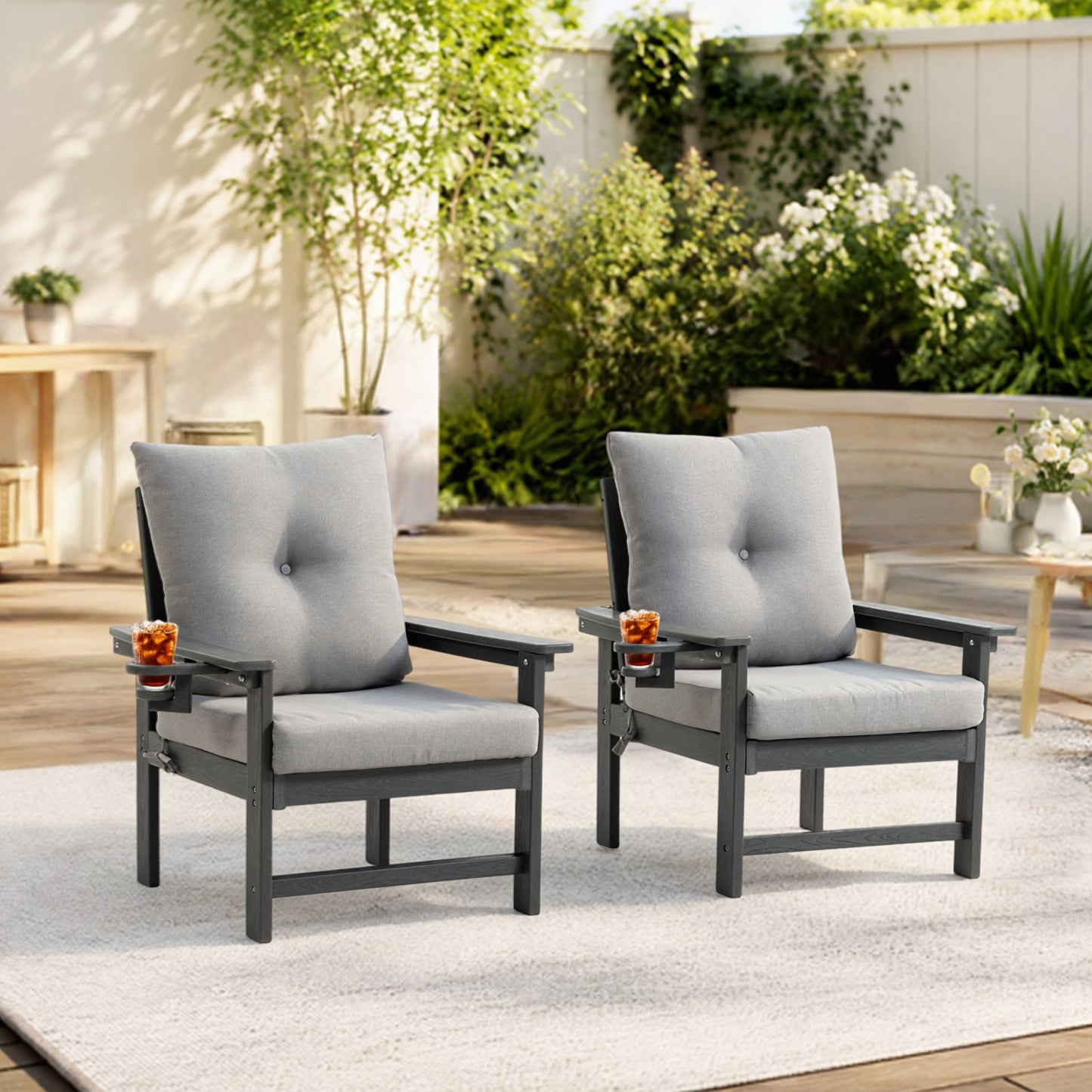 DELMANGO 2-Piece Outdoor Patio Chairs Set with Removable Washable Cushions and Cup Holder, Wide Armrests & All-Weather Metal Frame for Garden, Balcony, Backyard Gray