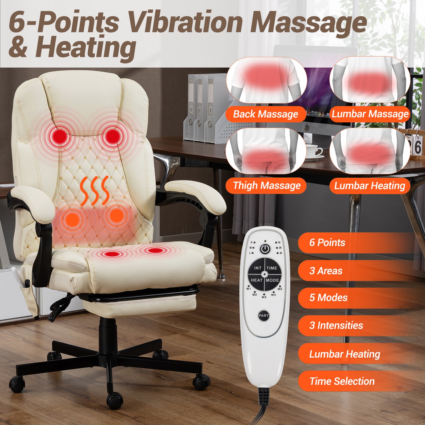 DELMANGO Massage Office Chair with Footrest, 6-Point Vibration Heating Executive Desk Chair, Ergonomic Home Office Chair, Brown (Copy)