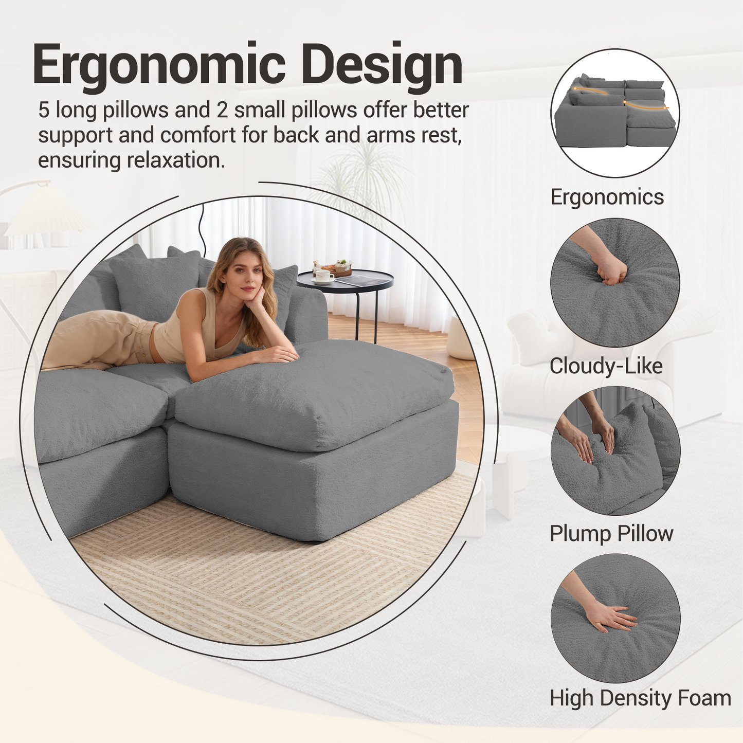 DELMANGO 113 Inch Modular L-Shape Cloud Velvet Sectional Couch, Boneless Convertible Sofa Set with Ottoman, No Assembly, Grey